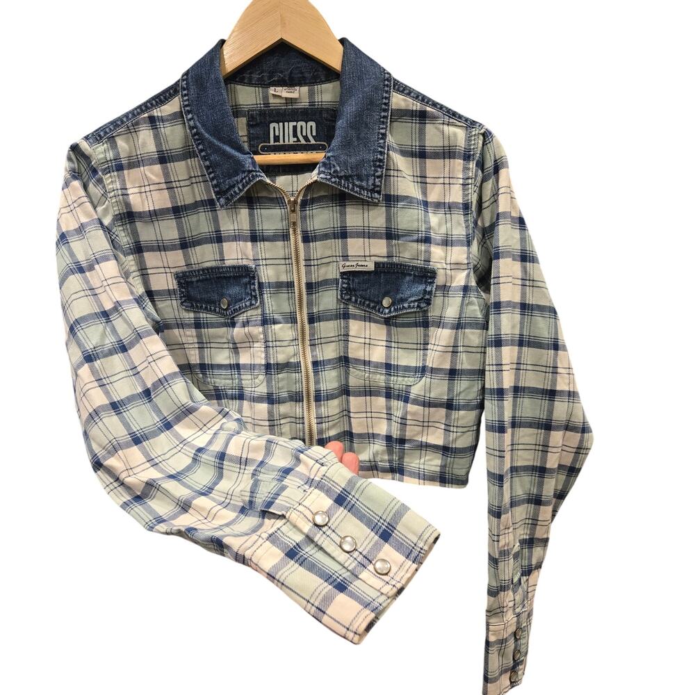 GUESS Vintage 90s Cropped Plaid Denim Pearl Snap Zip Top - Picture 4 of 11